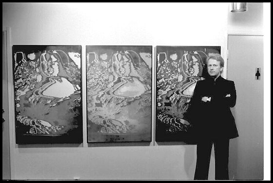 The original electronic painting from 1967 Monument, as public art work at Workers Union Enterence hall, Sundsvall 1977. Perspex/Acrylic. 5 panels total. Ture Sjolander in front. Below handpainted reproductions by SvenInge deMoner from later dates.